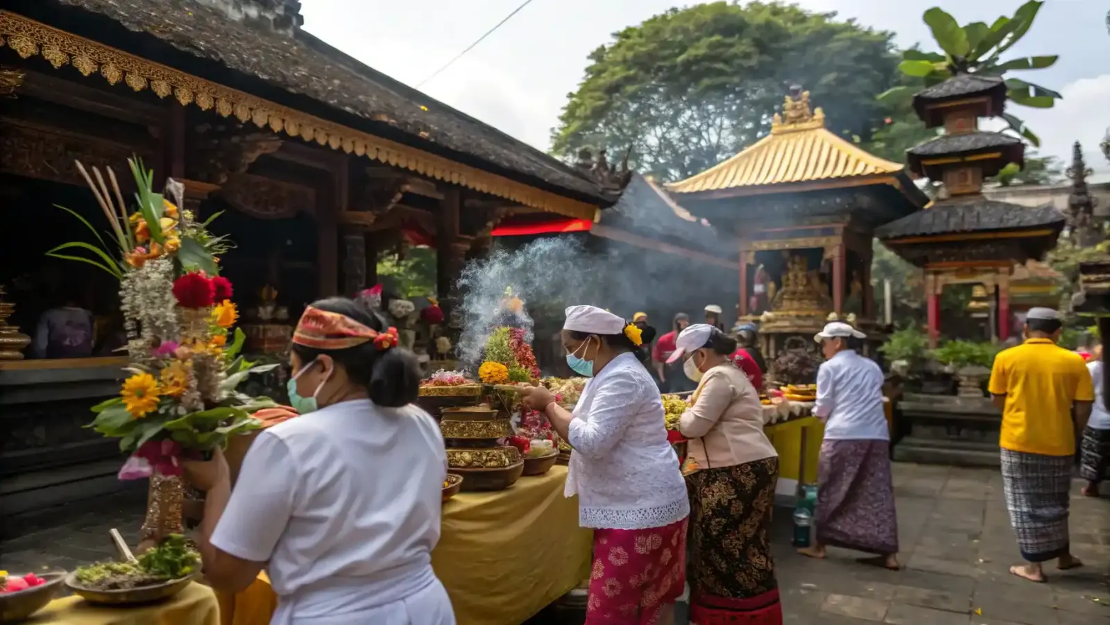 Balinese worshippers in sarongs making offerings at a temple ceremony