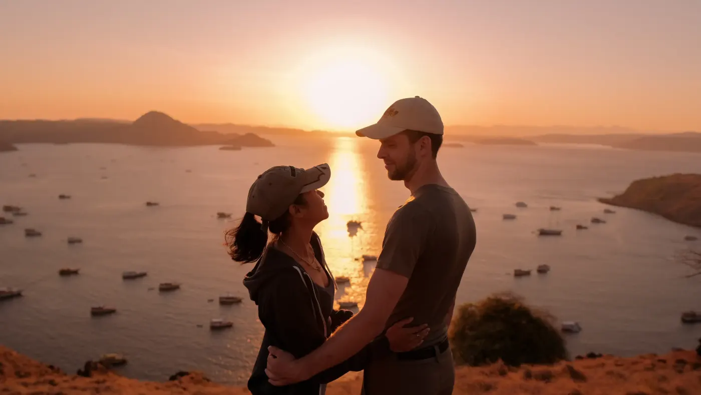 A couple watching the sunrise over the bays from Padar Island