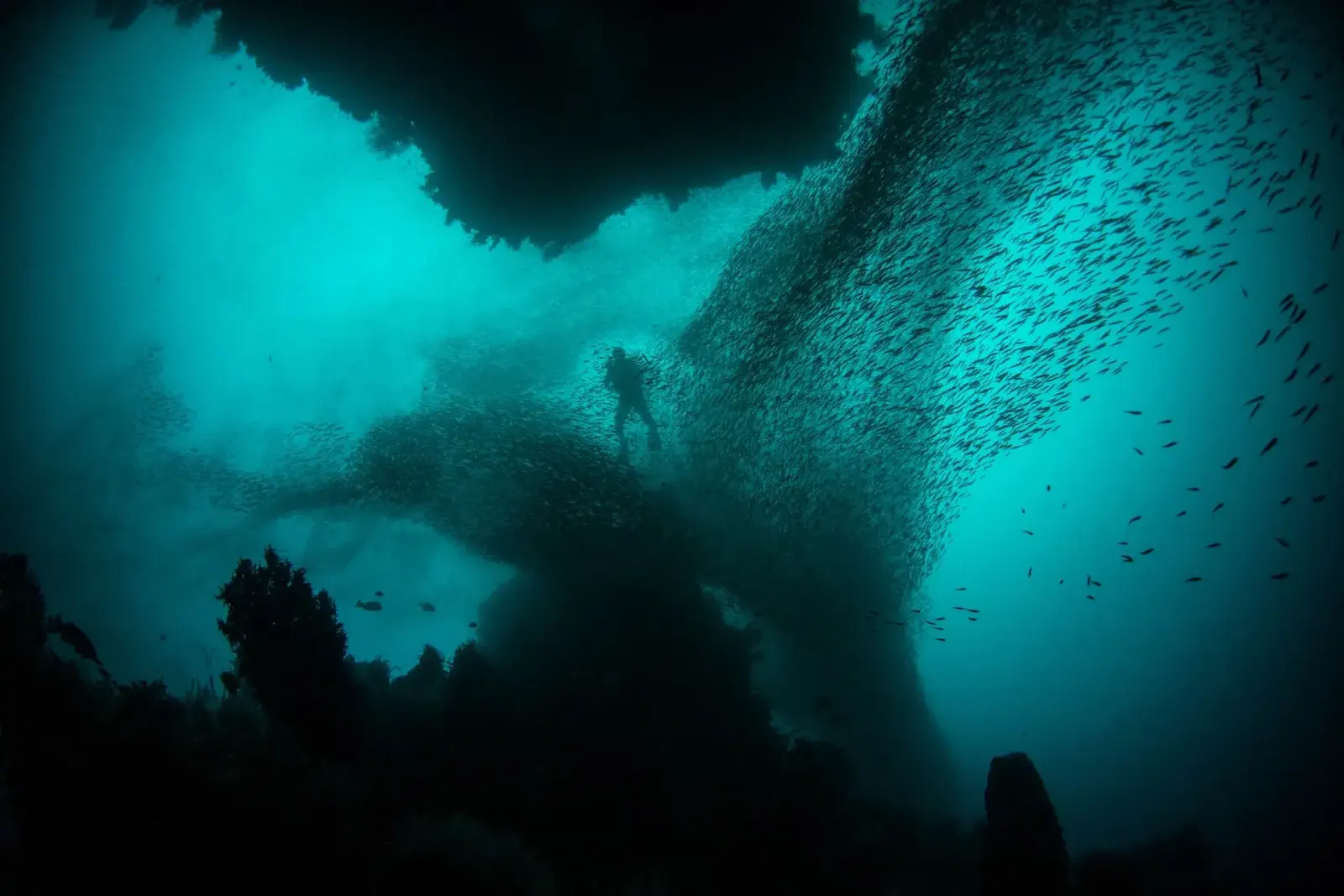 A diver exploring an underwater cave