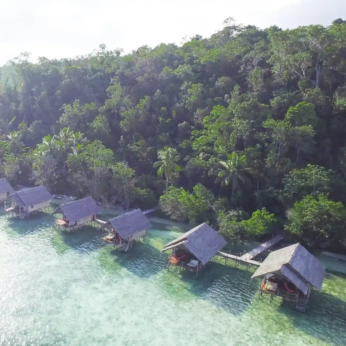Overwater bungalows along the reef at Sauwandarek island